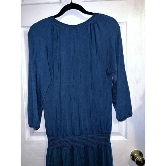 NWT GARNET HI V-neck 3/4 Sleeve Smock Waist Teal Tencell Blend Dress Sz S Boho - Picture 8 of 14